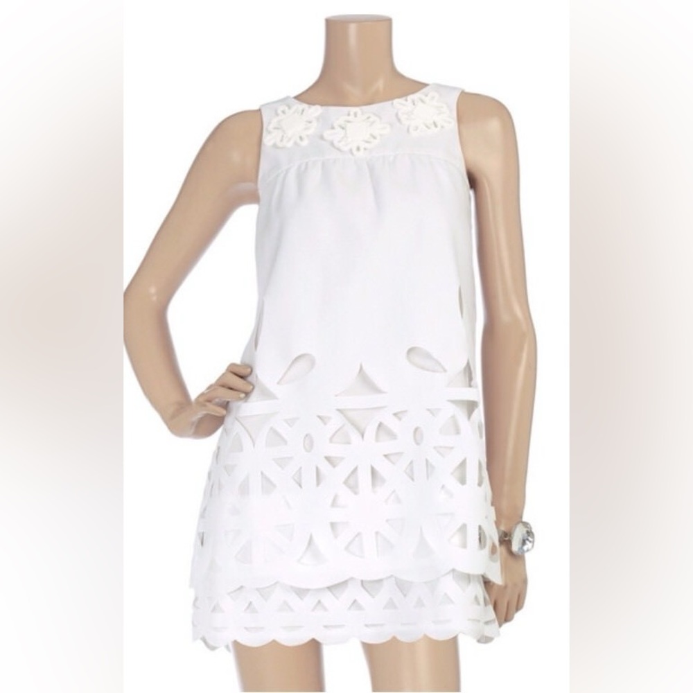 KARTA White Embellished Laser Cut Mini Dress With Tie Back